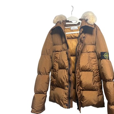 Stone Island Brown Down Jacket with Fur Hoodie Size L Used
