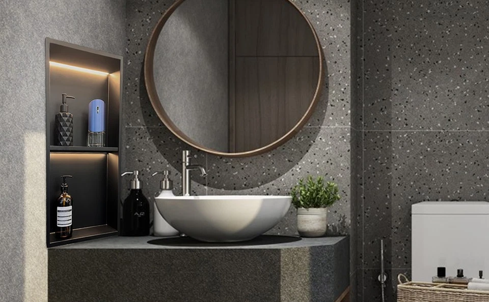 Kits de ducha de almacenamiento de nicho de ducha de acero inoxidable 27""x11 negros con luz LED Foto 3 de 4