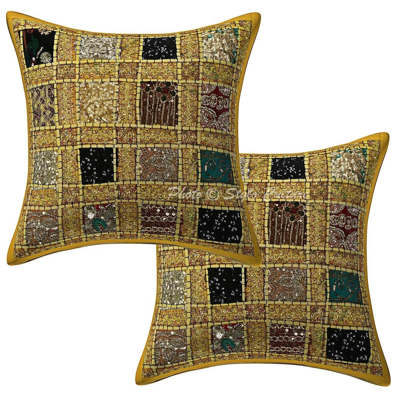 Indian Cotton Throw Pillow Covers Patchwork Embroidered Yellow 40 cm Home Decor