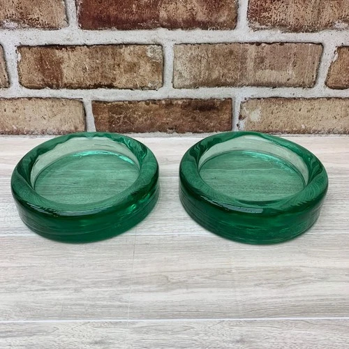 Vintage Blenko Style Recycled Green Aqua Art Glass Paperweight Candle Holder X 2