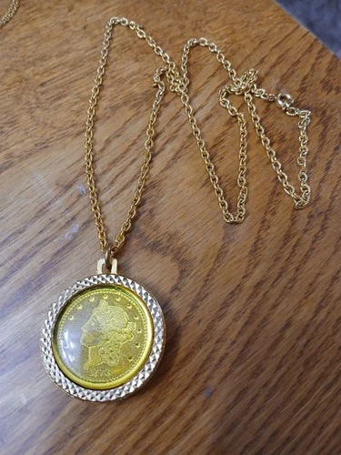 Vintage 1976 Bicentennial Lady Liberty Dollar Coin Pendant Necklace - 2 Sided