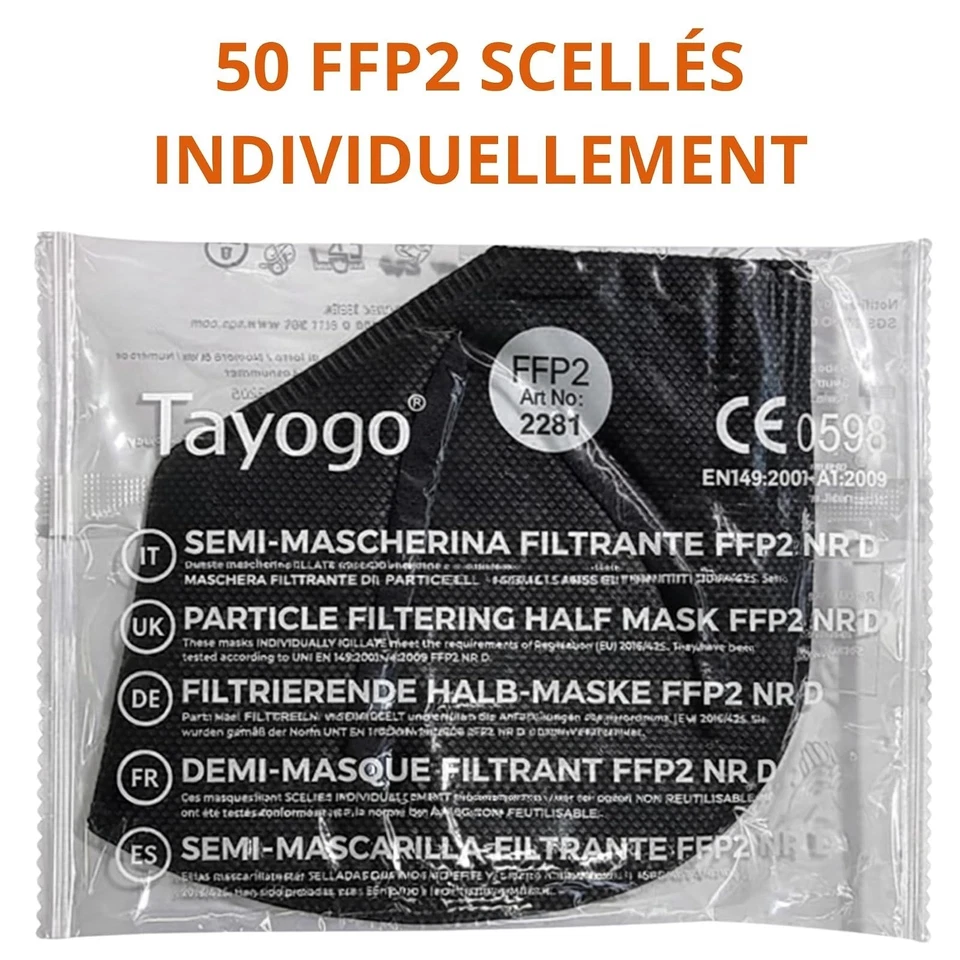 50 Masques FFP2 Tayogo CE Noir 5 Couches Jetables - Photo 3/4