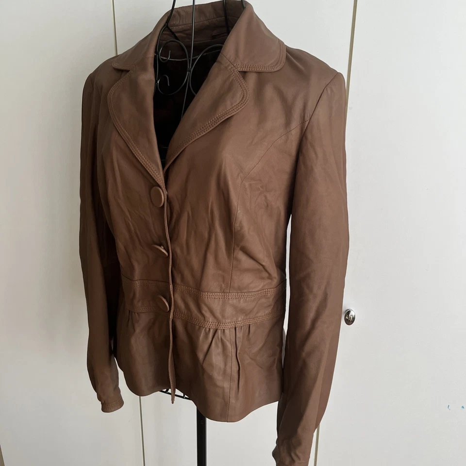AUTÓGRAFO DE MARKS & SPENCER - Chaqueta de cuero real color tostado peplum suave talla 12/14 Foto 3 de 4