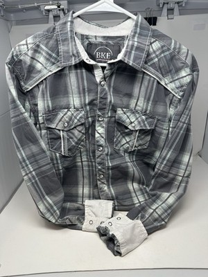 BKE Shirt Men Size Large Gray Plaid Pear Snaps Flip Cuff Western