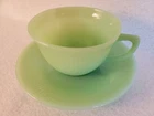 Vintage Fire King Jane Ray Jadeite Green Glass Cup And Saucer Set Ribbed Pattern