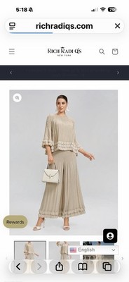 Rich Radi Q's Beige Pleated Blouse & Wide-Leg Pants Set 3/4 Slv One Size