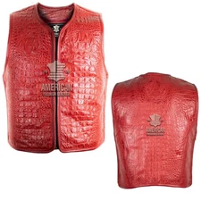 Men's Red Genuine Leather Biker Vest Embossed Conceal Carry Waistcoat YKK Zipper