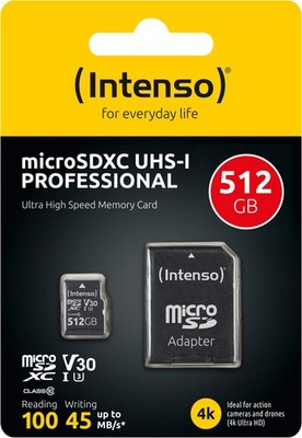Intenso Micro SDXC Karte 512GB Speicherkarte professional UHS-I U3 4K V30 Cl. 10