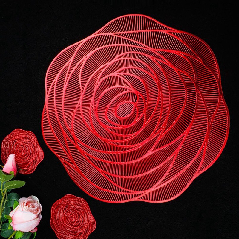 6Pcs Red Placemats and Coasters Pressed Vinyl 15 Inch Rose Round Place