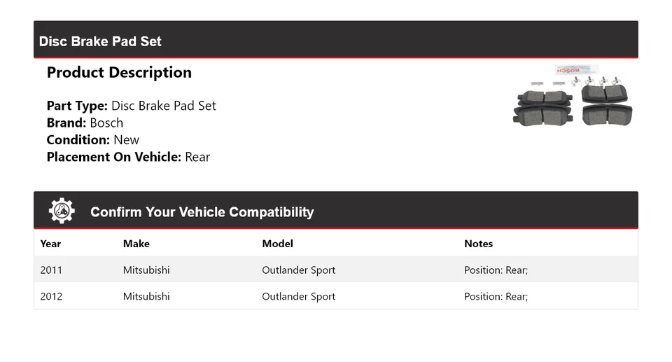 Conjunto de pastilhas de freio a disco traseiras para 2011-2012 Mitsubishi Outlander Sport Bosch - Imagem 2 de 4