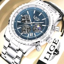 LIGE Mens Chronograph Wristwatch Gents Luxury Quartz Waterproof Sports Watch