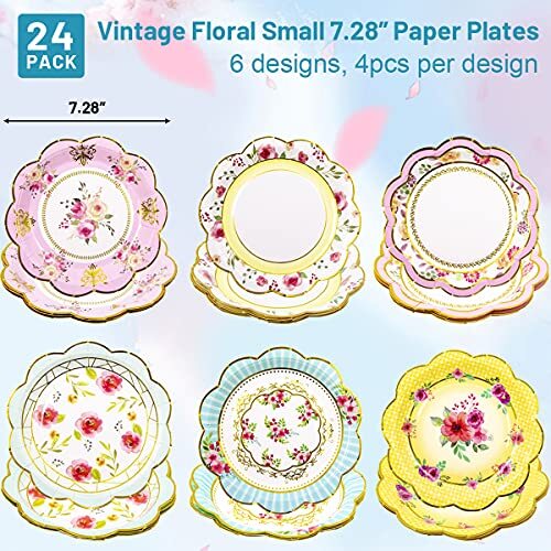 24 Pack Vintage Floral Paper Plates Disposable Tableware for Party Wedding - Picture 7 of 7