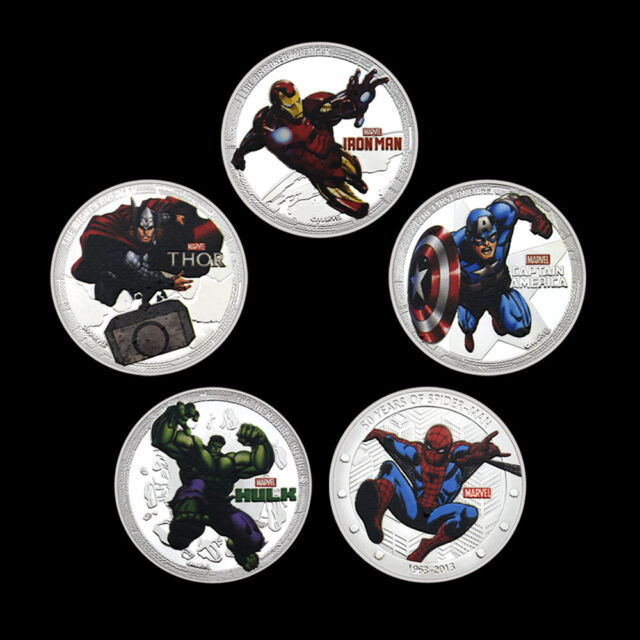 5 Stück Marvel Superheld Silbermünze Iron Man Captain America Spider-Man Koloss