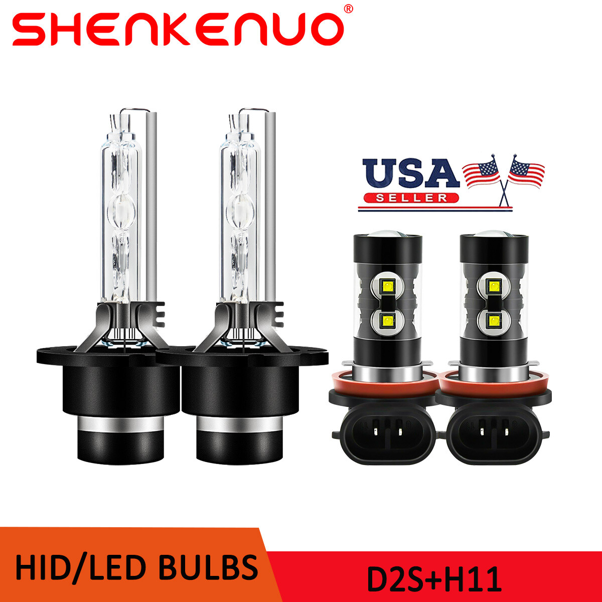 D2S+H11 Combo Front 4x HID Headlight High/Low Beam LED Fog Light