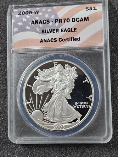 🌟 2005-W American Eagle 1 oz .999 Silver Proof Coin ANACS PR70 DCAM Flag Label