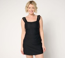 Susan Graver Women's Plus Sz Swimsuit 18 Soleil Textured Ruffle Black A674672