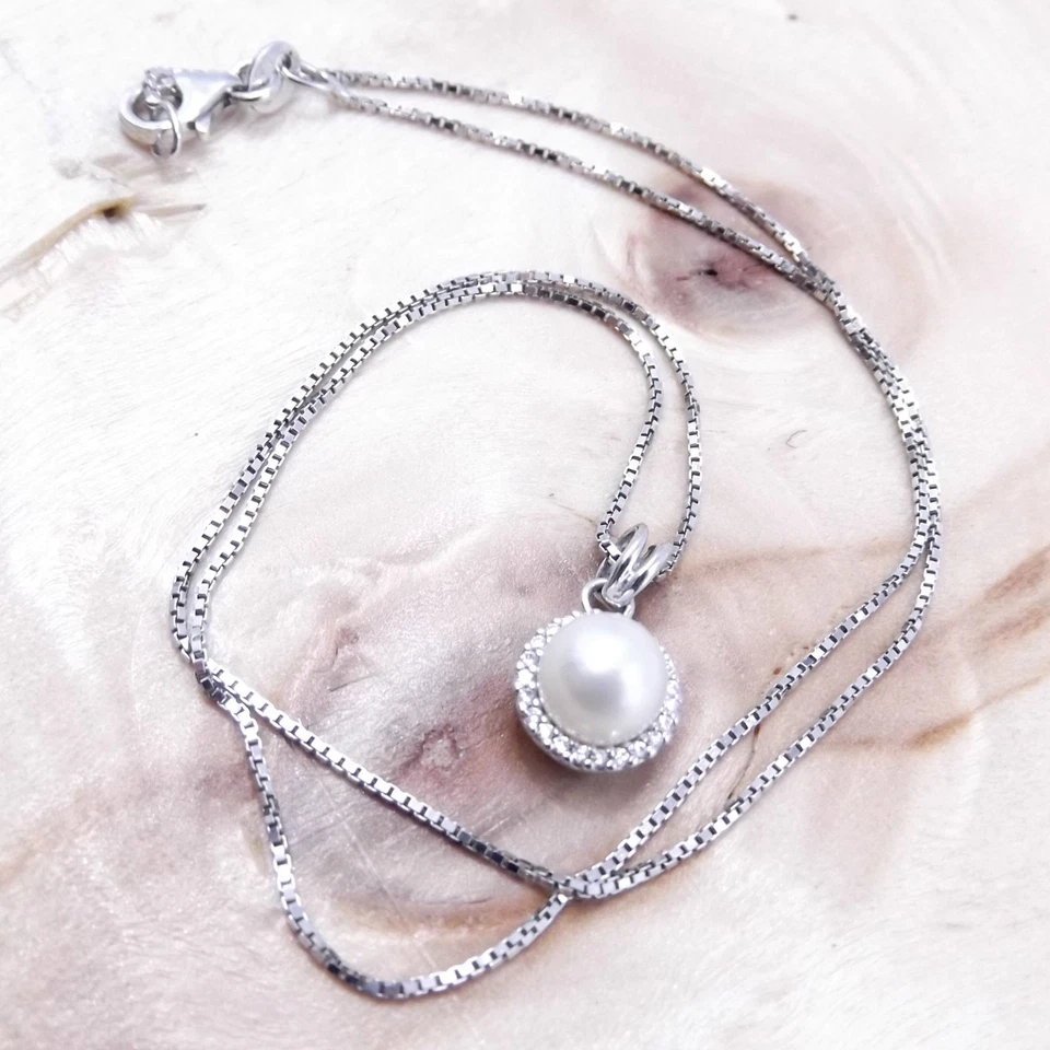 Collana Donna Argento 925 con Perla Naturale e Zirconi Girocollo Elegante Regalo - Immagine 2 di 4