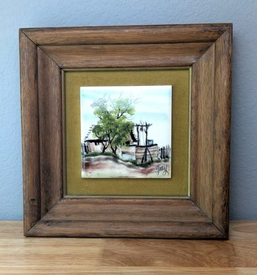 Original Clyde E. Gray Hand Painted Ceramic Tile Velvet Mat Rustic Wood Frame