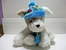 Plush Dog Hugfun International White, Tan Blue Plaid Hat & Scarf Ages 3+ China