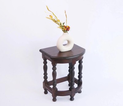 Antique Wooden Bobbin Half Moon Side Table, Carved Plant Stand Table, Farmhouse