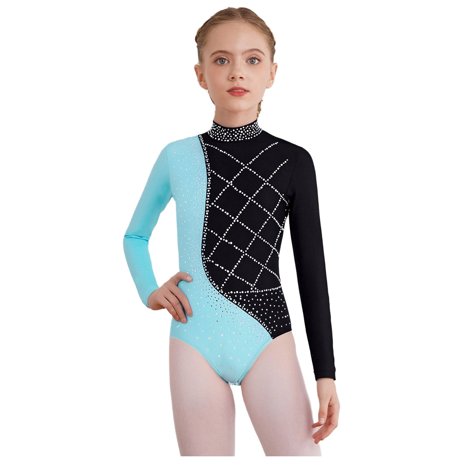 Girls Bodysuit Rhythmic Ballet Shiny Unitard Skating Leotard Color Block Jazz