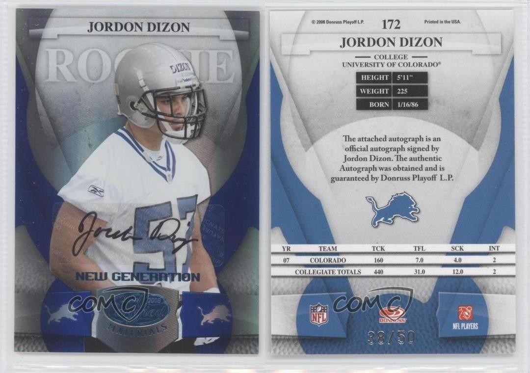 2008 Leaf Certified Materials 38/50 Jordon Dizon #172 Rookie Auto RC 0f3