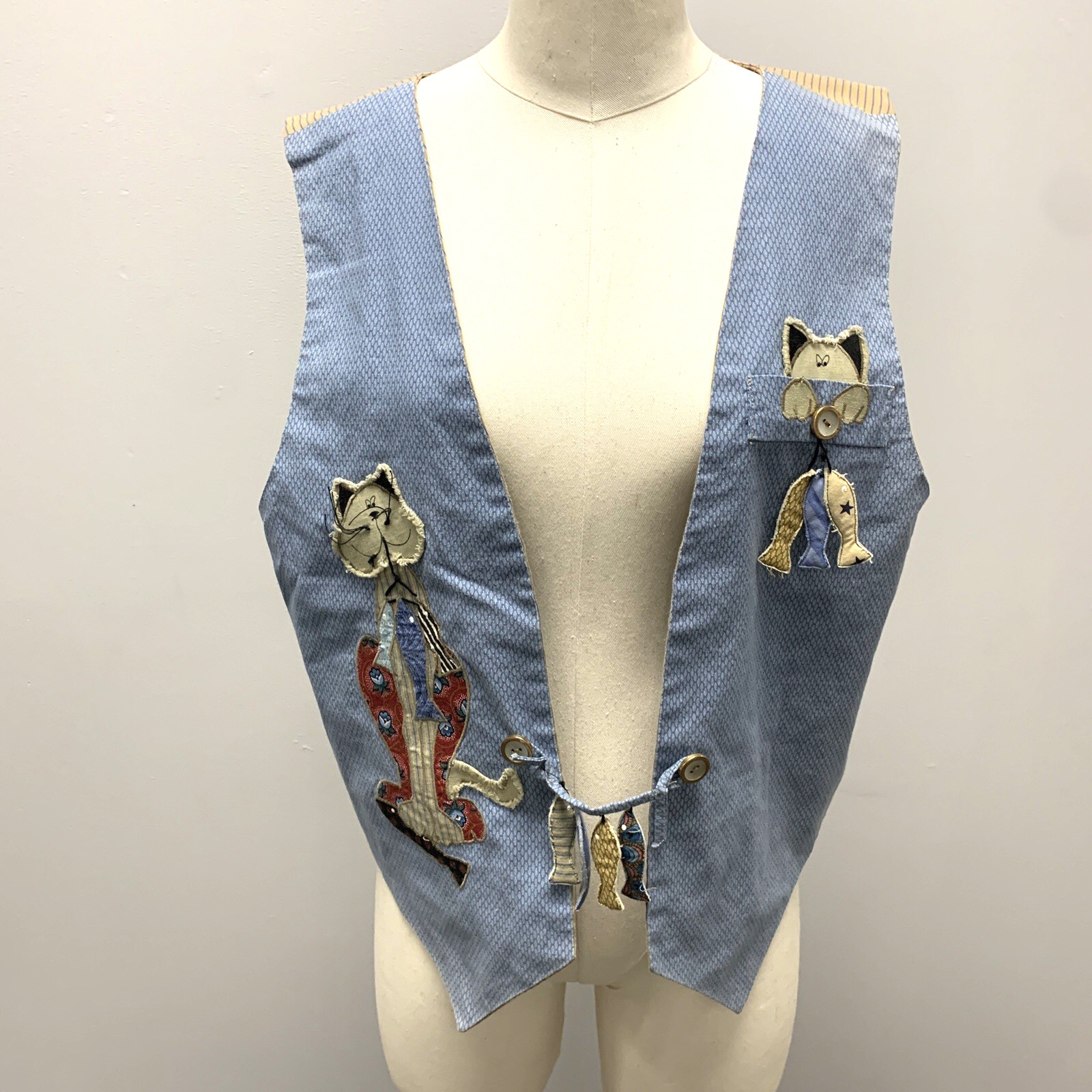 VTG Patchwork Cat-Lover VEST Lined Whimsical Fish… - image 17