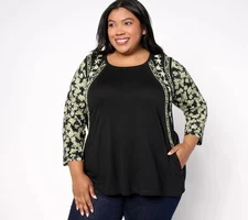 LOGO by Lori Goldstein 3/4 Sleeve Embroidered Print Mix Top Black Combo XL New