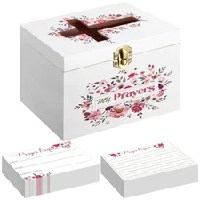 Prayer Request Box with 100 Pcs Prayer Cards 6.3 x 4.3 x 4 Inches Wooden Dist...