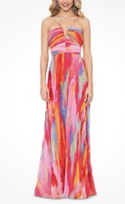 Xscape Fuchsia Multicolor Print Pleated Chiffon Gown Size 6 $268 MSRP