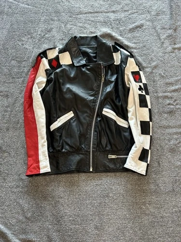 Vintage Ethnix Jacket Mens Medium Black Leather Checkered Playing Card Biker 80s - product listing photo