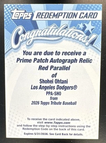 2026 Topps Tribute Shohei Ohtani #PPA-SHO Prime Patch Auto Relic Red /5 Dodgers