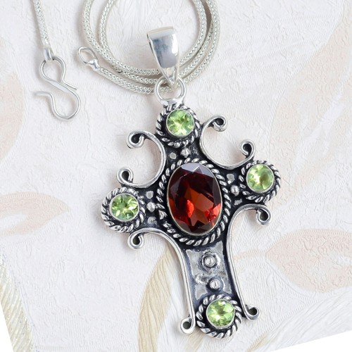 Pendentif Croix En Argent 925 Avec Pierres De Tanzanite - Fait Main - Bijou De Pâques Ou Religieux