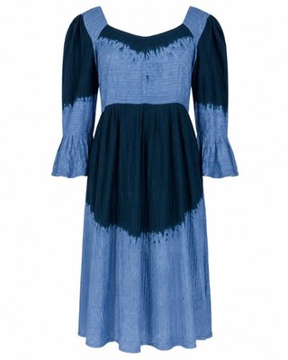 Handgefertigtes blaues Batik Midikleid Glockenärmel Boho 21,5'' P2P