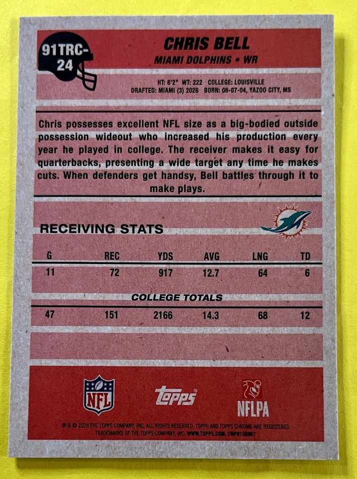 Chris Bell 2026 Topps NFL 1991 CHROME MOJO REFRACTOR Rookie #91TRC-24 ...