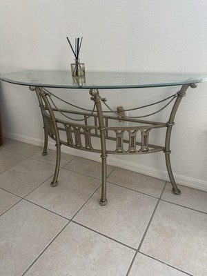 Vintage Glass Top Metal Demilune Console Table Rope Accent Pickup Only