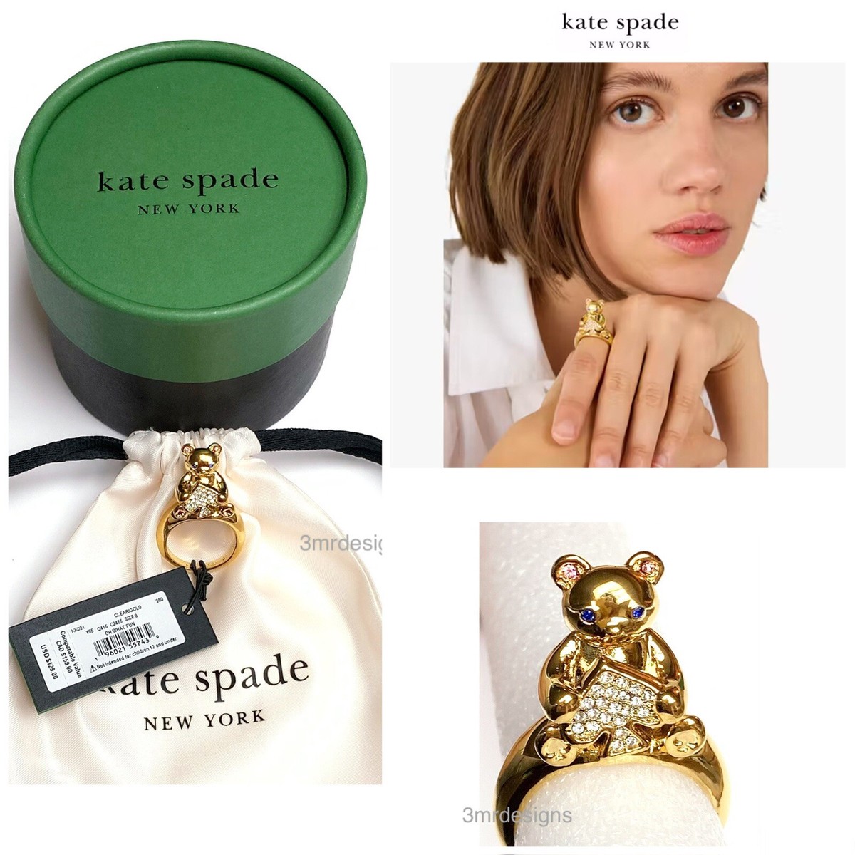 NWT Kate Spade SPADE TEDDY BEAR 12-K Gold Plated Brass /CZ