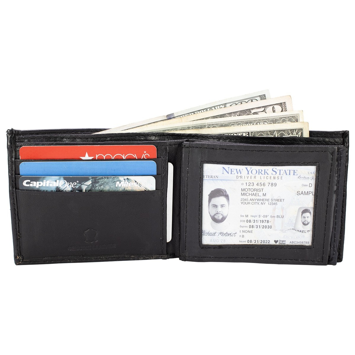 Men Lambskin Bifold Wallet Center Flaps Black ID Holder Full