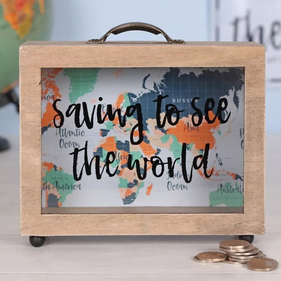 Saving To See The World Piggy Bank Great Gift Travel Map Suitcase Money