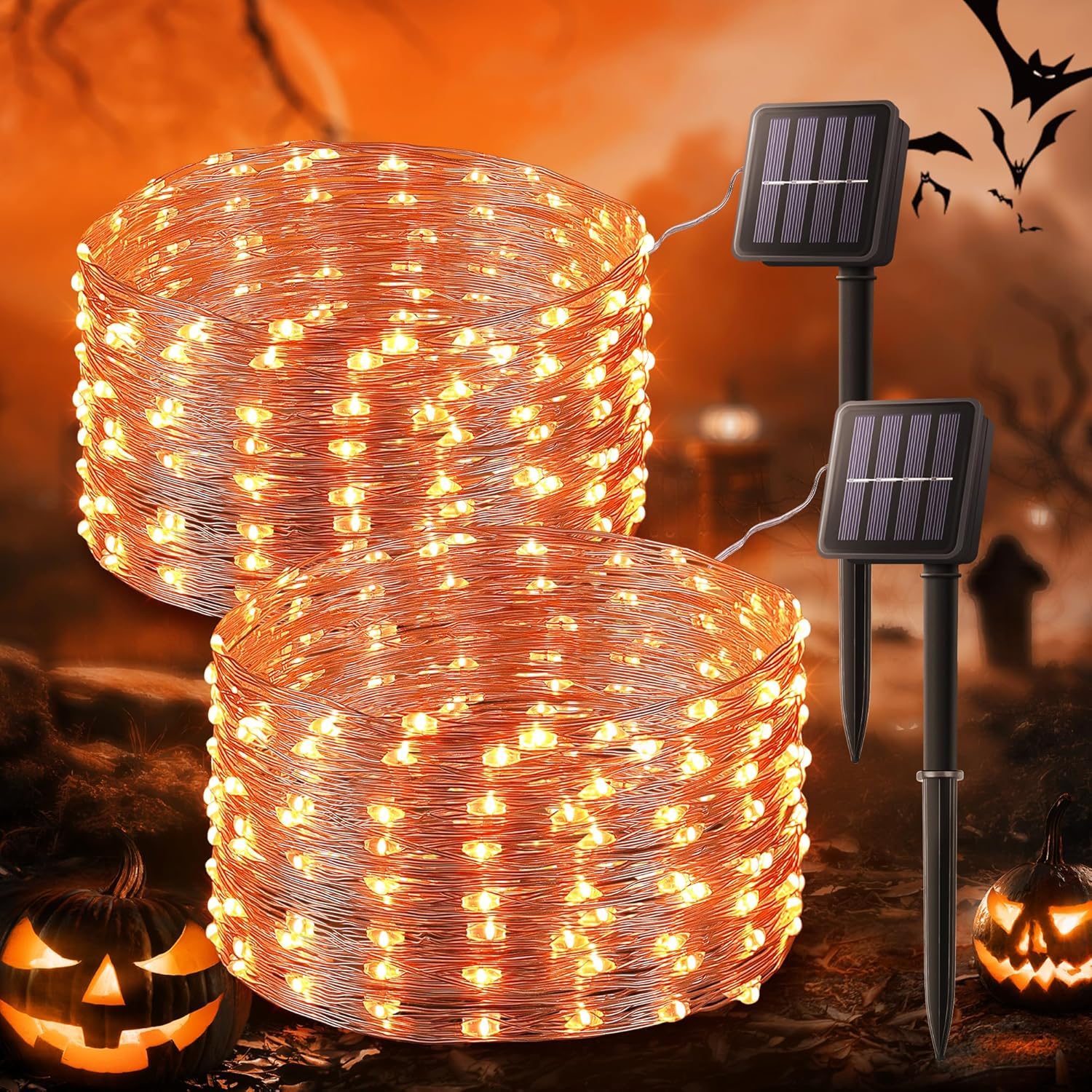 2 Pack 33Ft 100 LED Solar Fairy Lights Outdoor Orange for Halloween