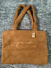 Victoria's Secret Pink Sherpa Tote Weekender Bag Mocha Brown Logo 17" x 13" NWT