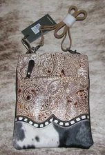 Myra #6680 Embossed Leather, Hairon, Leather 7.5"x10" Crossbody Bag~Front Pocket