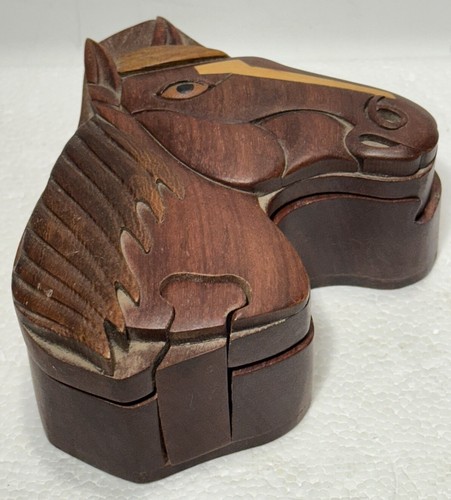Horse Head Wooden Puzzle Stash Box Jewelry Trinket Collectible 4.5” - Picture 2 of 15