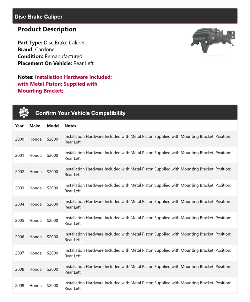 Pinza de freno de disco trasera izquierda cardone 2001 2002 2003 para Honda S2000 2000-2009 Foto 2 de 4
