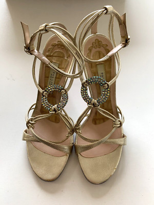 Pollini Women's EUR 36 Crystal Rhinestone Strappy Leather Heel Sandals Gold