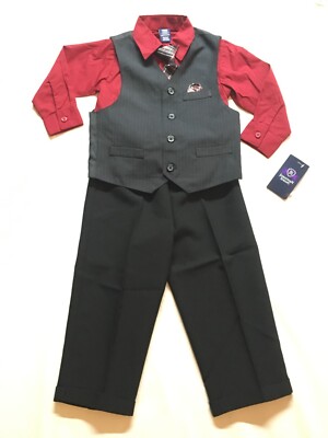 Toddler Boys Black & Red Pinstripe Vest Suit 4pc Dress Up Outfit NEW