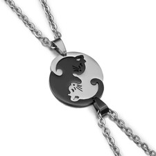 Stainless Steel Cat Kitty Pendant White and Black Necklace for Couple Lovers