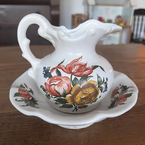 Vintage McCoy Pottery Pitcher W/Bowl Wash Basin White w/ Flowers 5-3/8" Sm CHIP