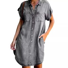 New Arrival Summer Women Denim Dress Short Sleeves Loose A-Word Dresses s V-neck