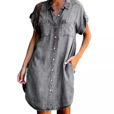 New Arrival Summer Women Denim Dress Short Sleeves Loose A-Word Dresses s  V-neck | eBay